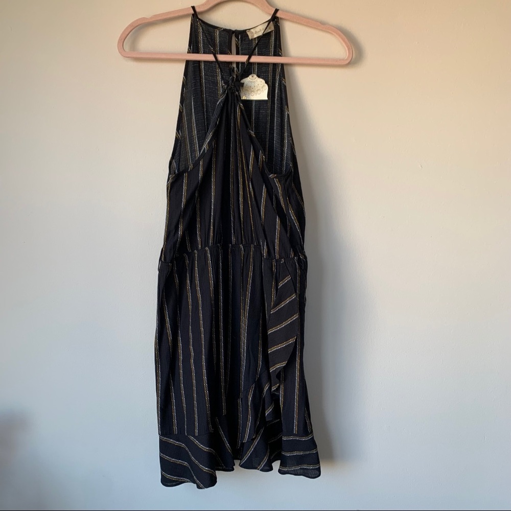 Altar'd State NWT Black Sleeveless Dress Striped Ruffle Hem Strappy Neck Size L